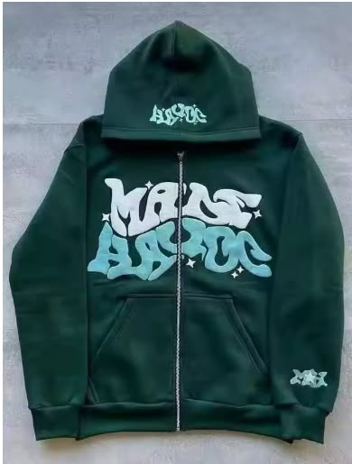 Custom Dark Green Puff-Print Zip-Up Heavyweight Hoodie with Hood & Sleeve Graphics