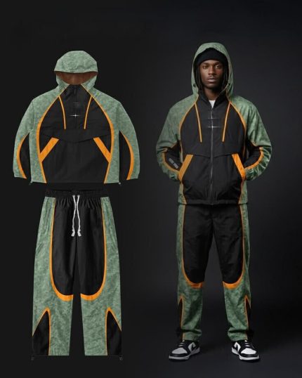 Custom Sage Green & Black Technical Colorblock Utility Tracksuit Set